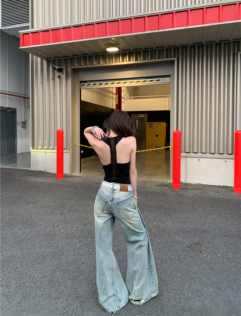 Stereoscopic lace vest wide leg stitching jeans for women