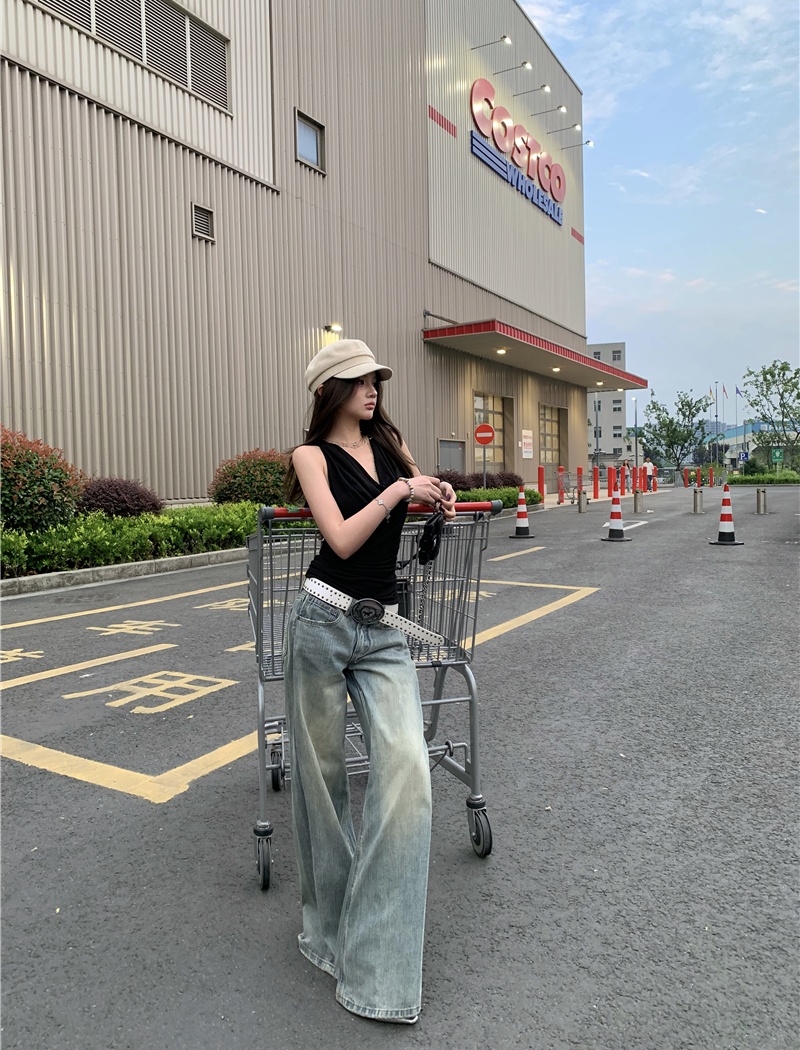 Stereoscopic lace vest wide leg stitching jeans for women