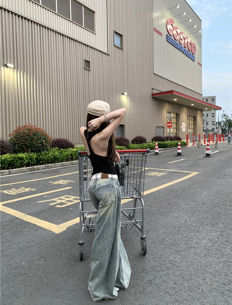 Stereoscopic lace vest wide leg stitching jeans for women
