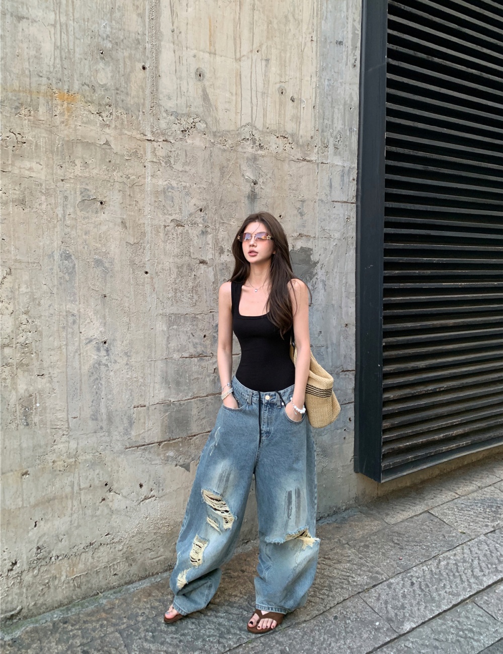 American style wide leg vest retro loose jeans a set