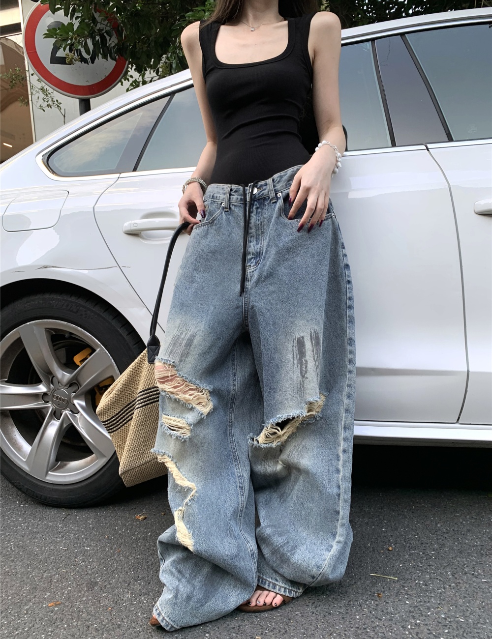 American style wide leg vest retro loose jeans a set