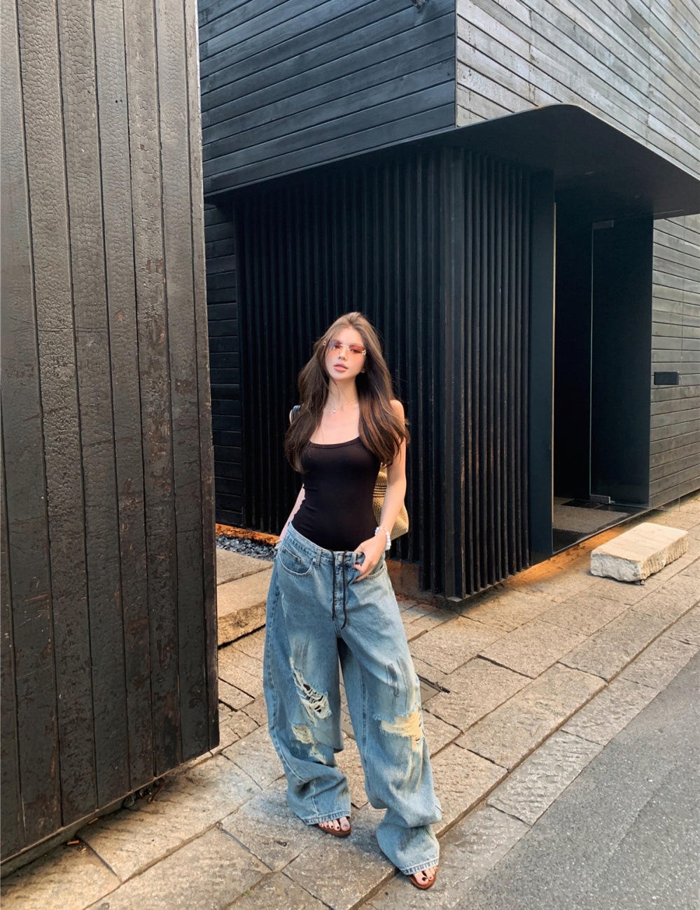 American style wide leg vest retro loose jeans a set