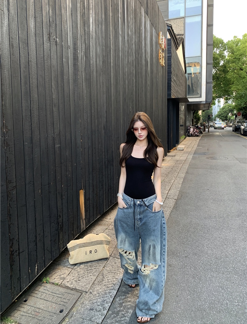 American style wide leg vest retro loose jeans a set