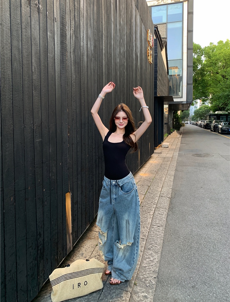 American style wide leg vest retro loose jeans a set