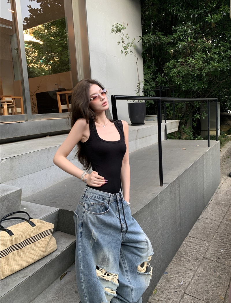 American style wide leg vest retro loose jeans a set