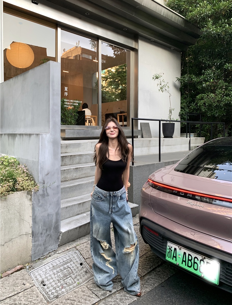 American style wide leg vest retro loose jeans a set