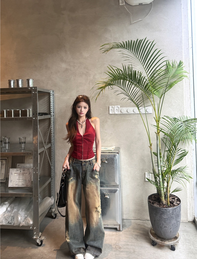 Bandage retro vest sling jeans a set for women