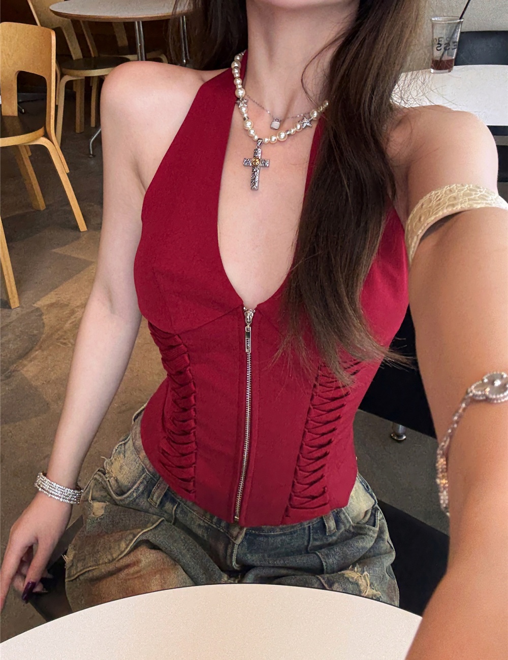 Bandage retro vest sling jeans a set for women