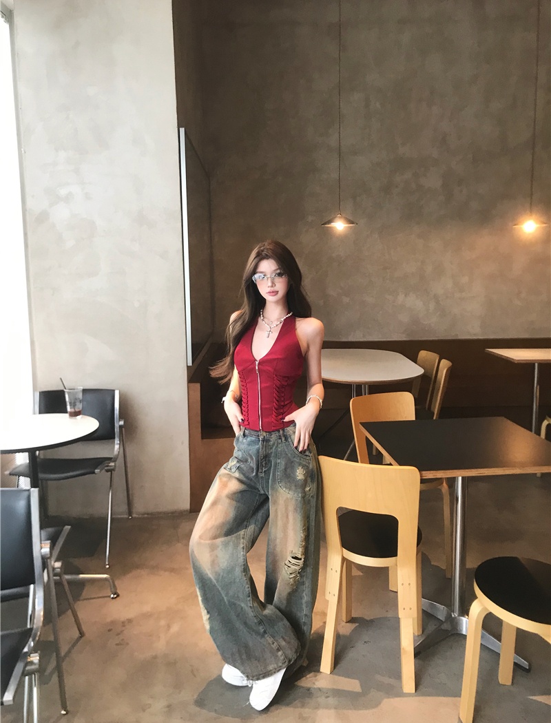 Bandage retro vest sling jeans a set for women