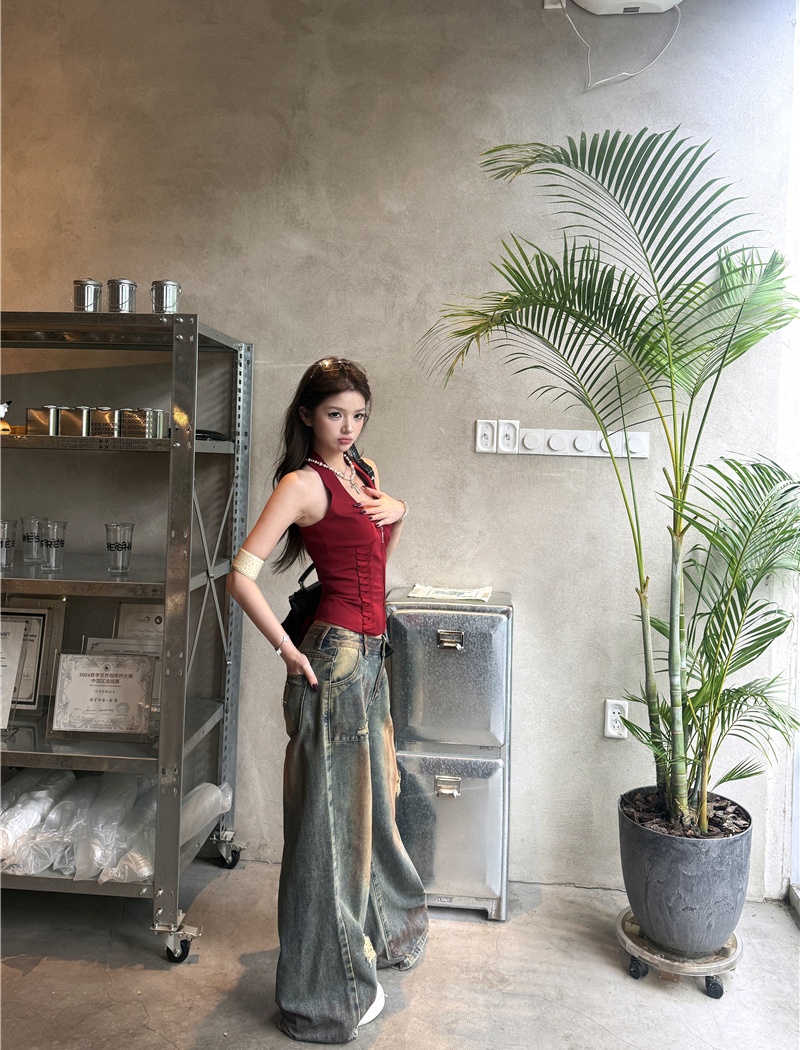 Bandage retro vest sling jeans a set for women