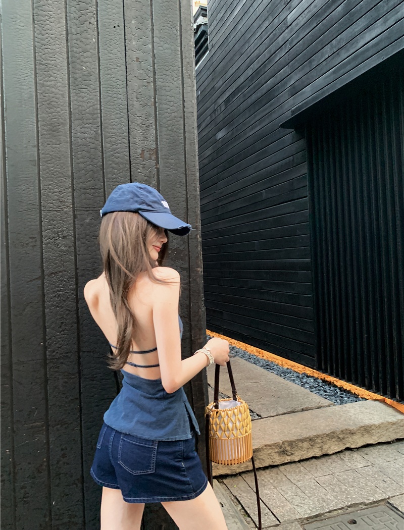 Anti emptied culottes denim tops 2pcs set for women