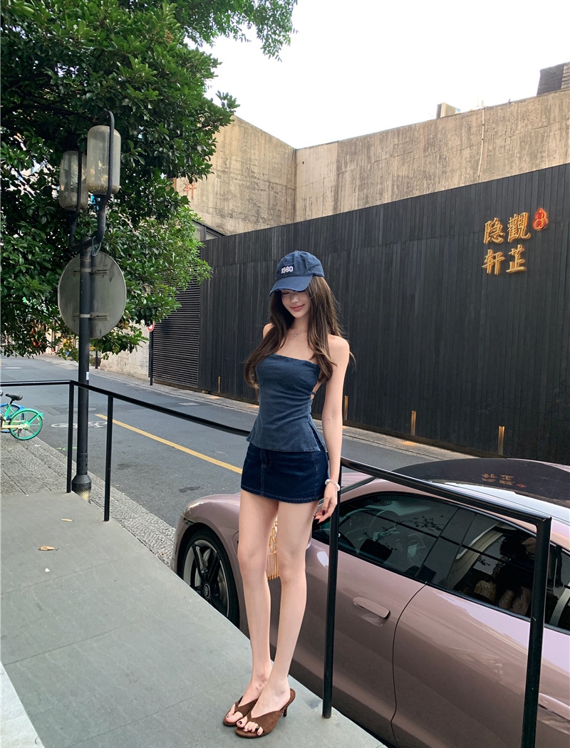 Anti emptied culottes denim tops 2pcs set for women
