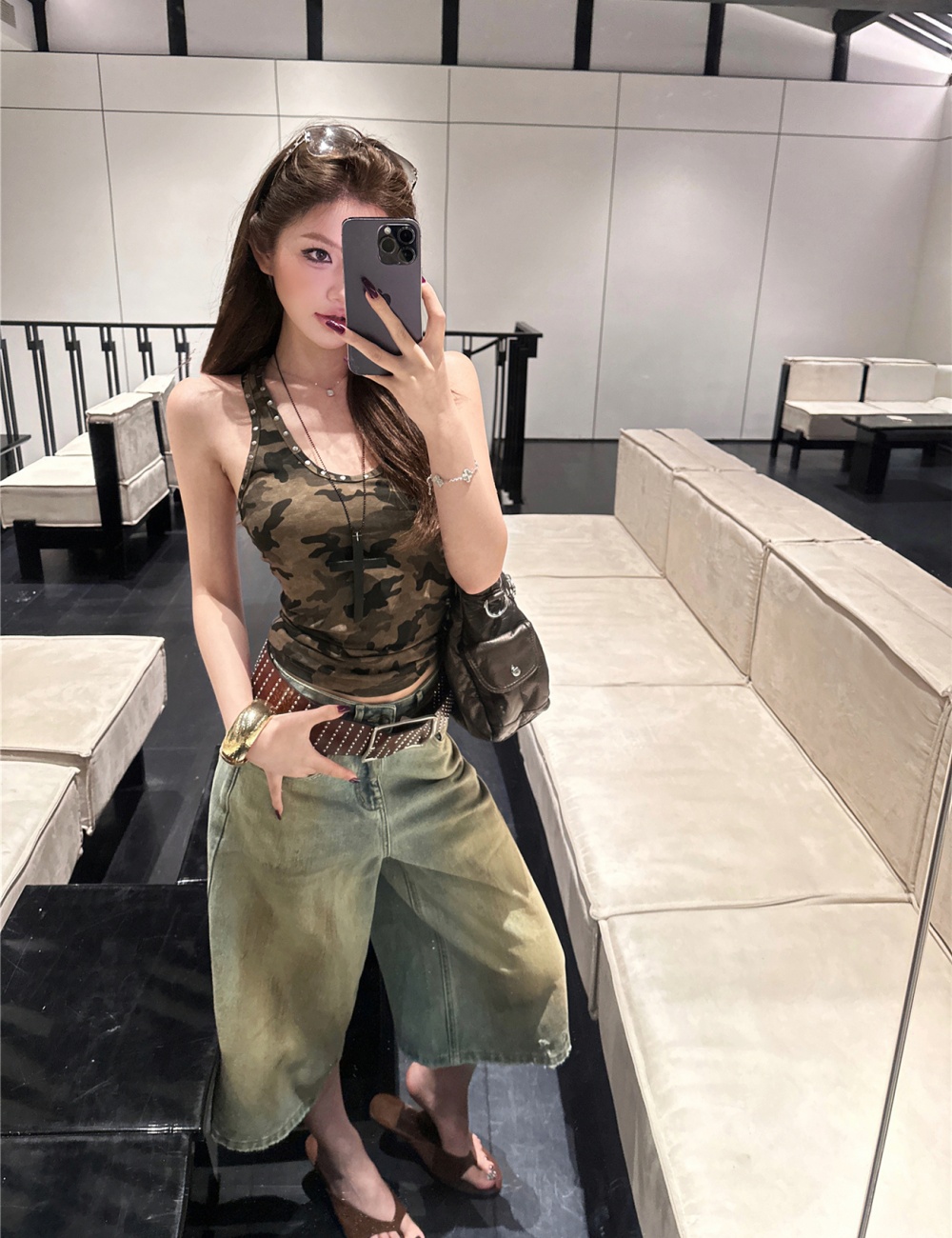 Camouflage vest denim five pants a set for women