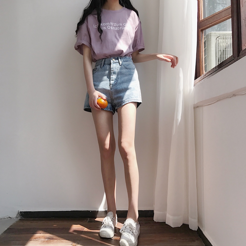 All-match straight pants high waist short jeans for women