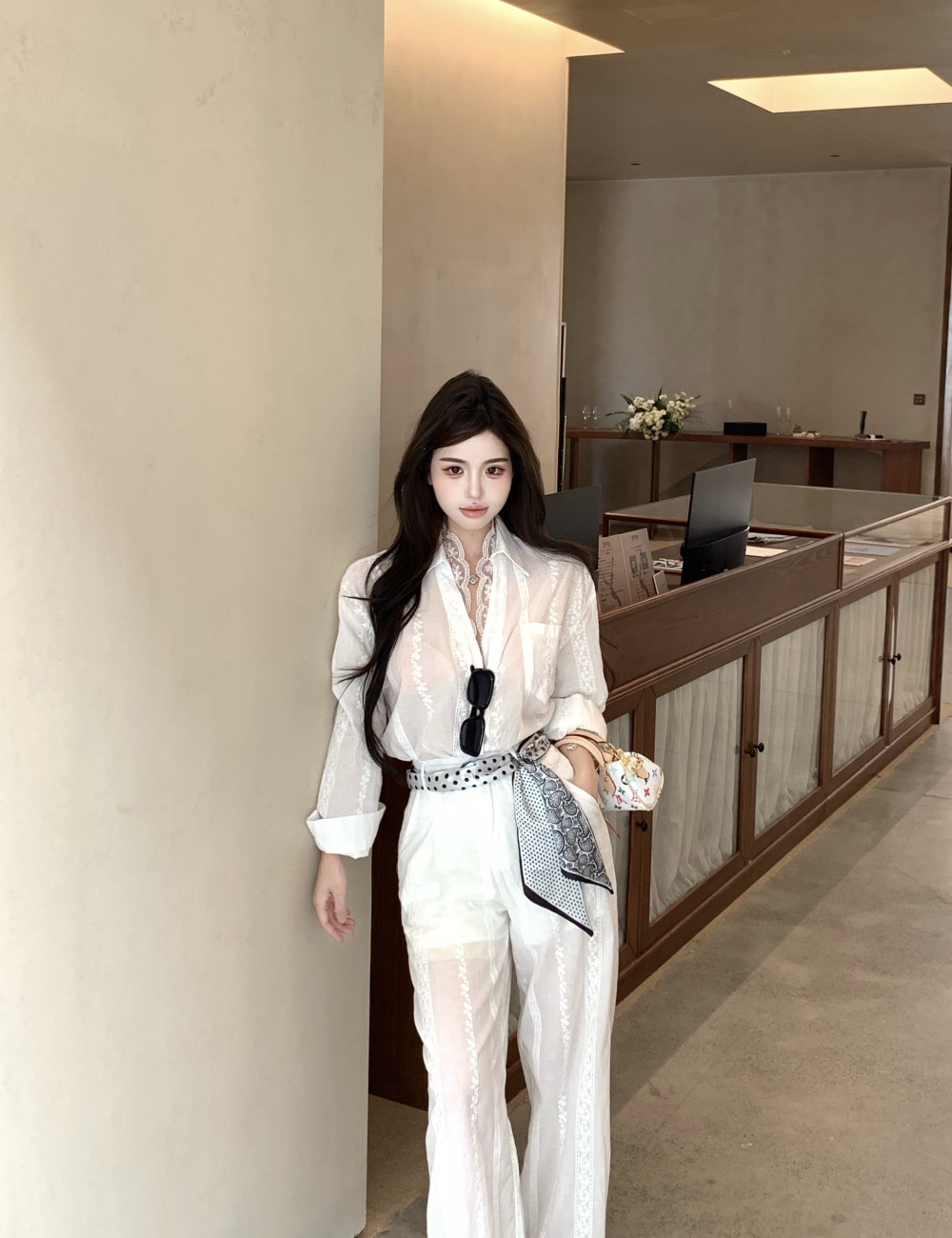 Light luxury temperament shirt lace pants a set