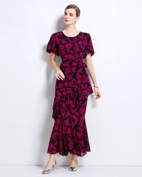 France style pinched waist dress printing long dress
