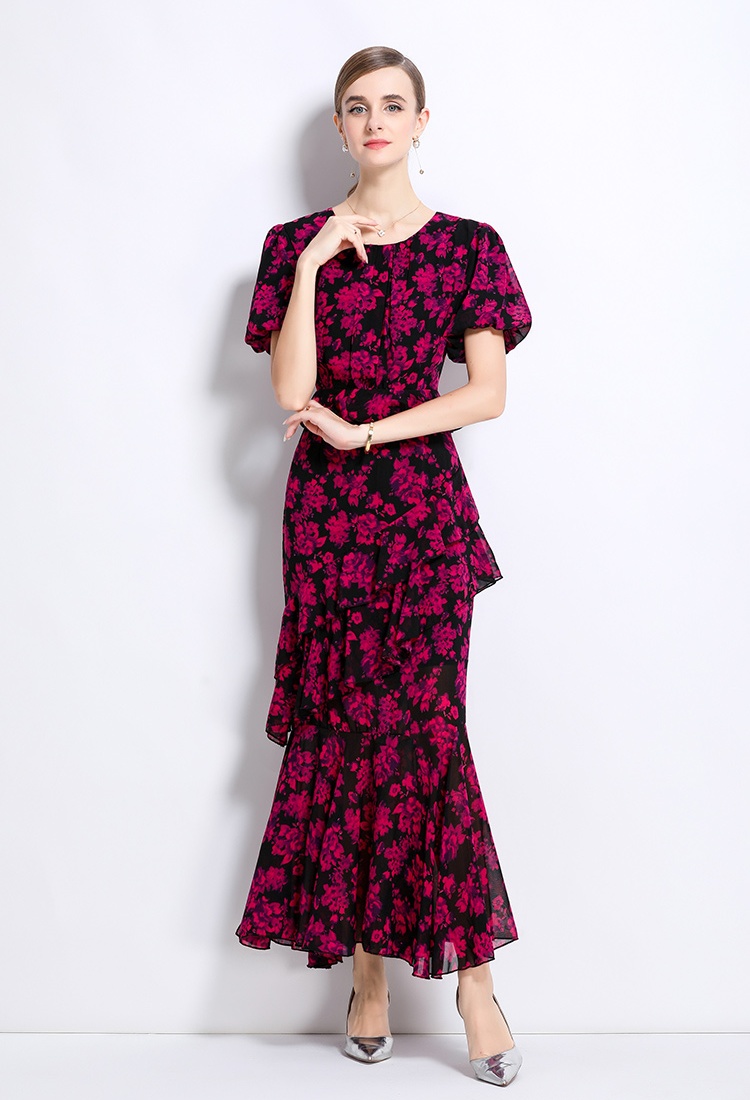 France style pinched waist dress printing long dress