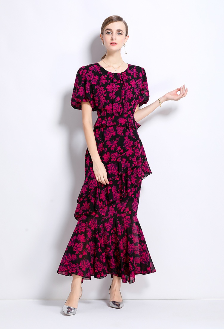 France style pinched waist dress printing long dress