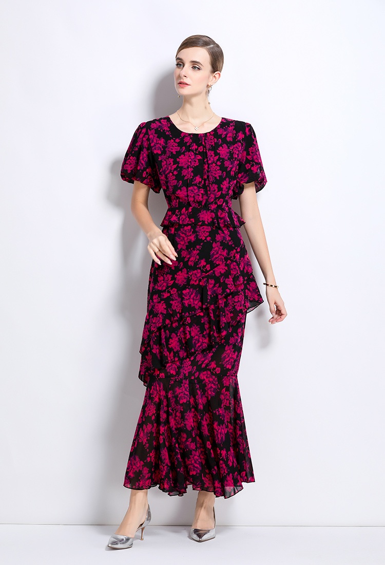 France style pinched waist dress printing long dress