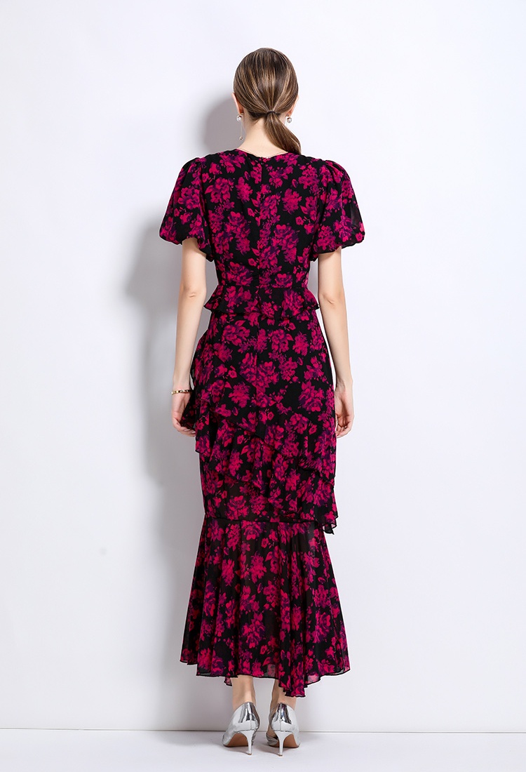 France style pinched waist dress printing long dress