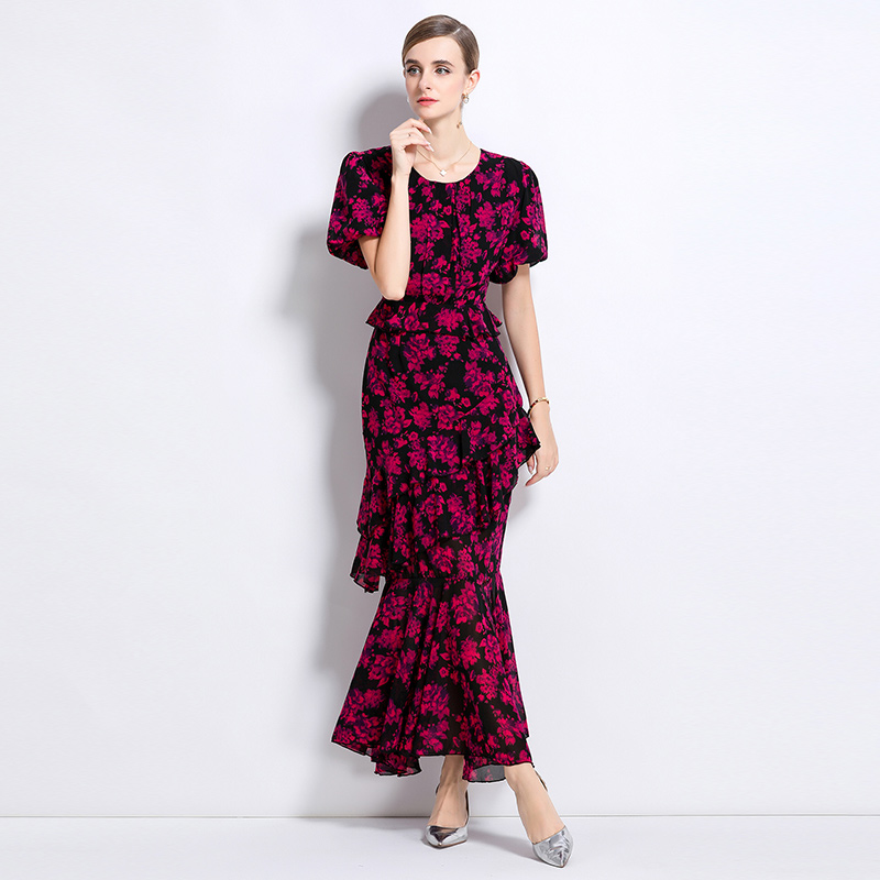 France style pinched waist dress printing long dress