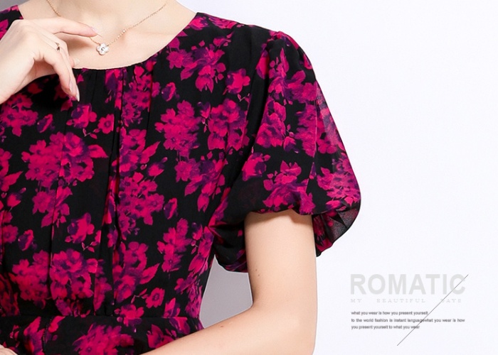 France style pinched waist dress printing long dress