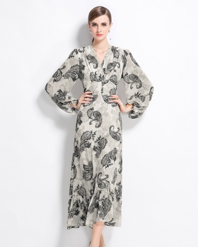 V-neck long sleeve pinched waist slim lotus leaf edges long dress