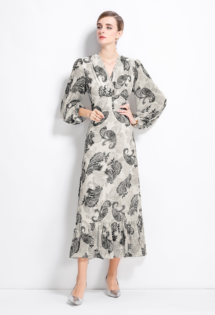 V-neck long sleeve pinched waist slim lotus leaf edges long dress