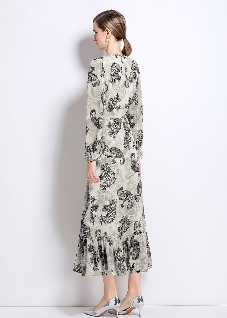 V-neck long sleeve pinched waist slim lotus leaf edges long dress
