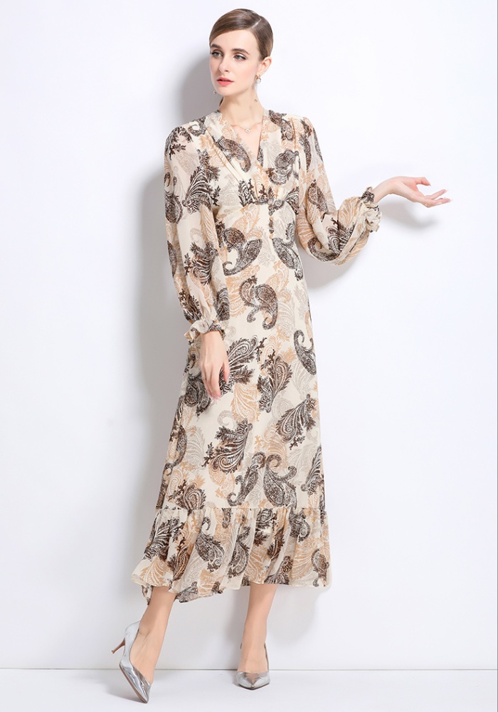 V-neck long sleeve pinched waist slim lotus leaf edges long dress