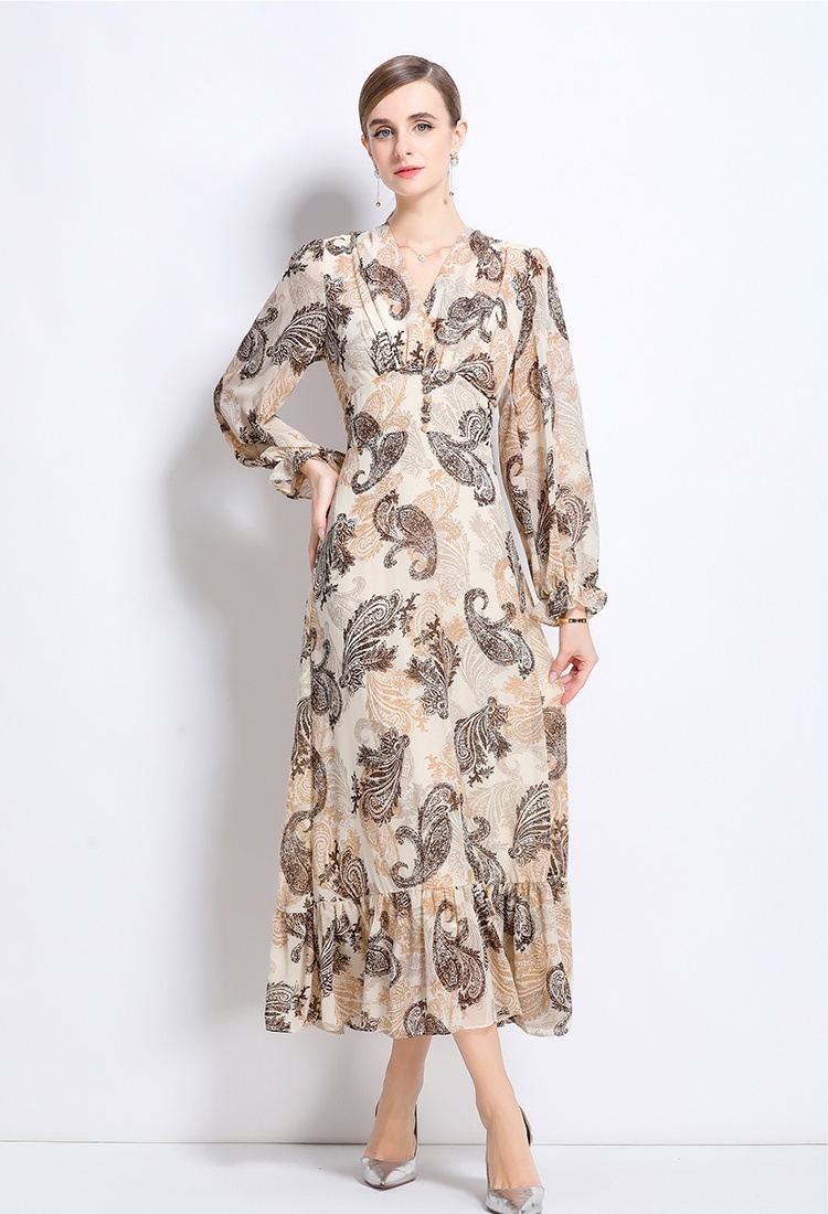 V-neck long sleeve pinched waist slim lotus leaf edges long dress