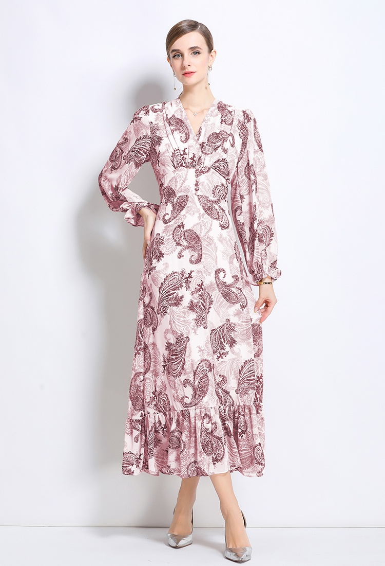 V-neck long sleeve pinched waist slim lotus leaf edges long dress