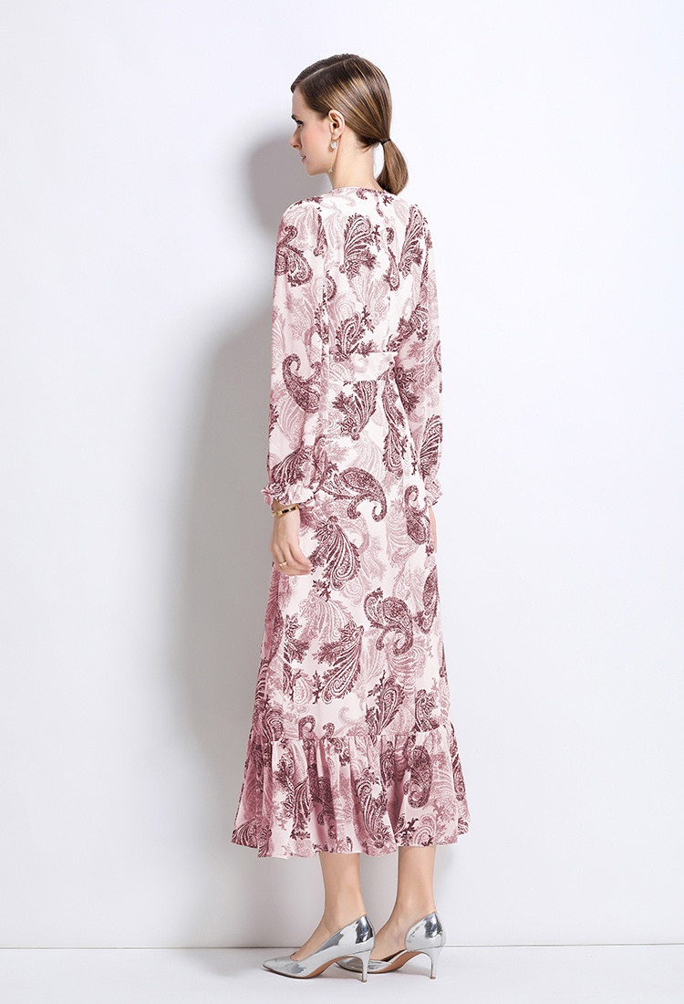 V-neck long sleeve pinched waist slim lotus leaf edges long dress