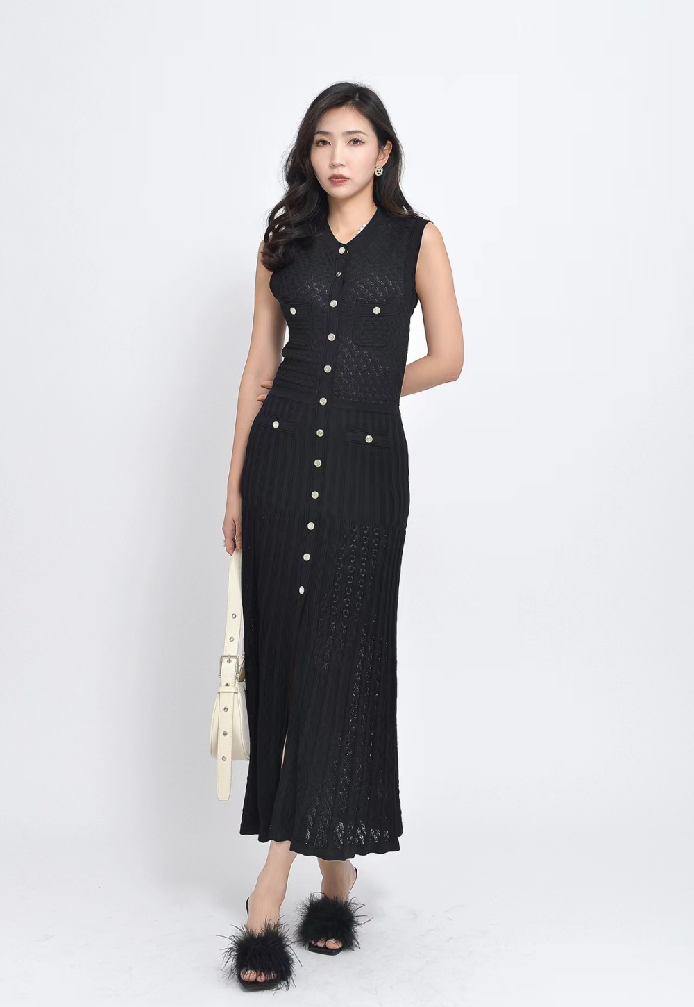 Temperament long sleeveless pinched waist ladies dress
