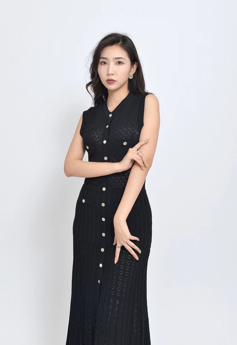 Temperament long sleeveless pinched waist ladies dress