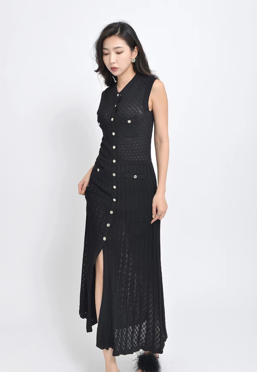 Temperament long sleeveless pinched waist ladies dress