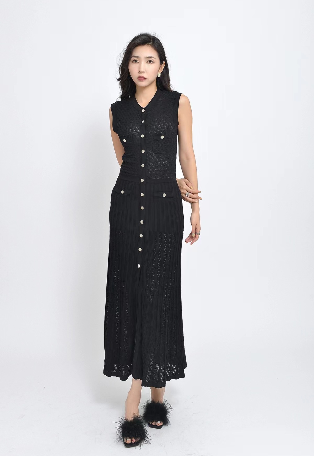 Temperament long sleeveless pinched waist ladies dress