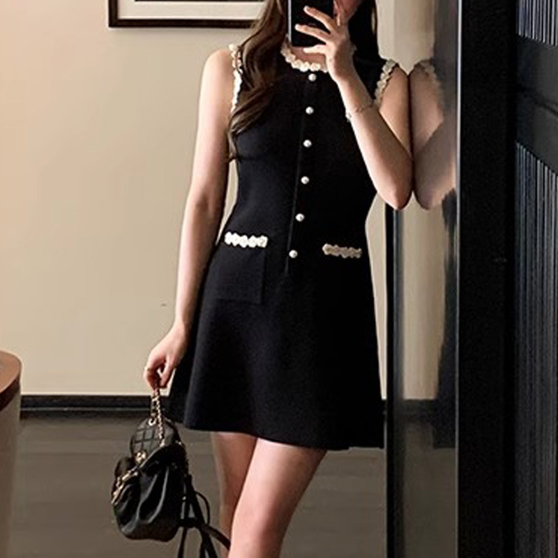 Lace summer pocket T-back sleeveless chanelstyle dress