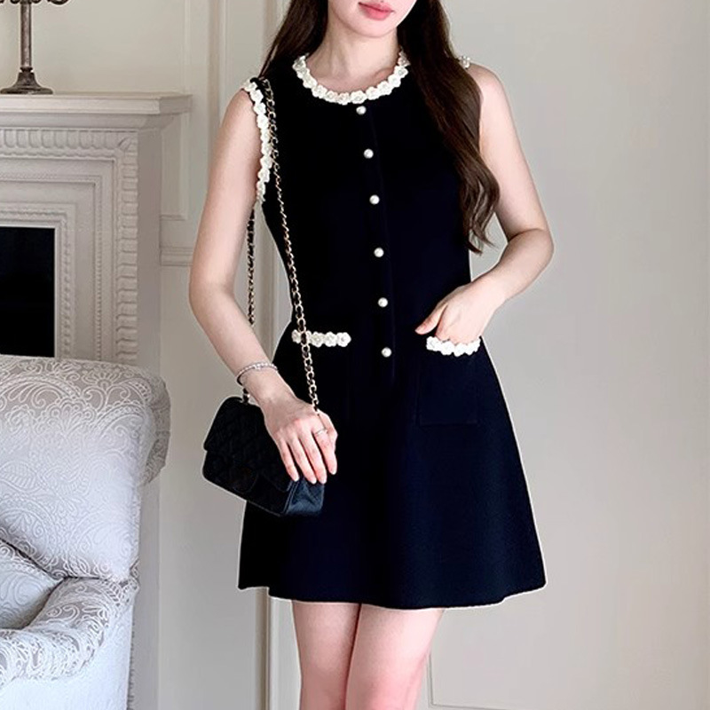 Lace summer pocket T-back sleeveless chanelstyle dress