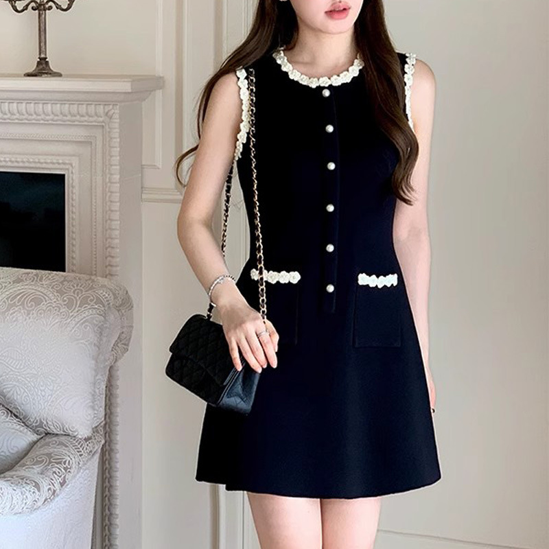 Lace summer pocket T-back sleeveless chanelstyle dress