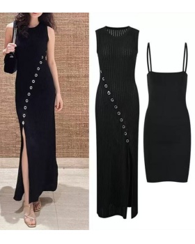 Knitted black long dress split sleeveless dress
