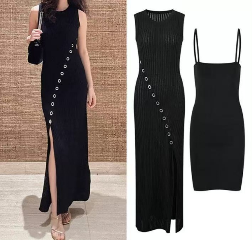 Knitted black long dress split sleeveless dress
