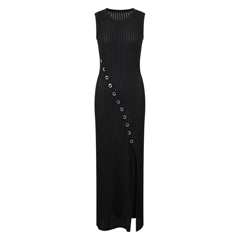 Knitted black long dress split sleeveless dress