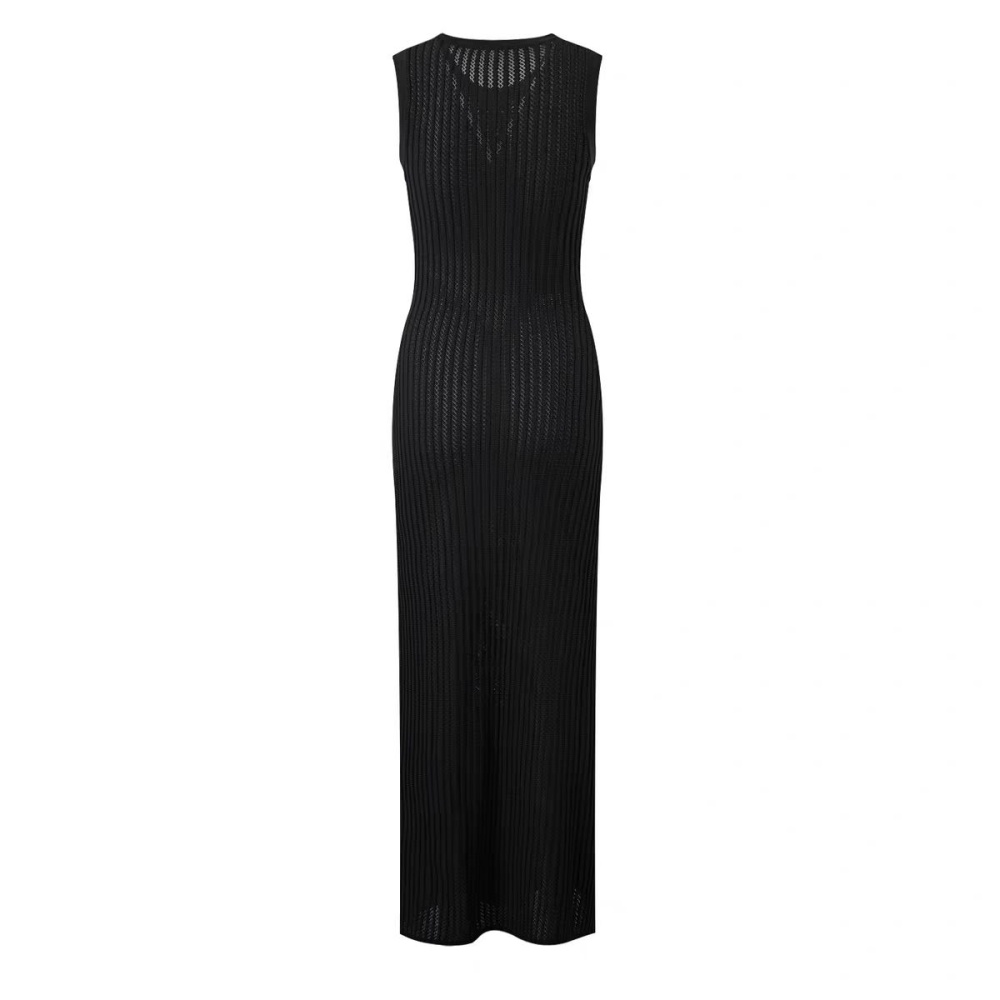 Knitted black long dress split sleeveless dress