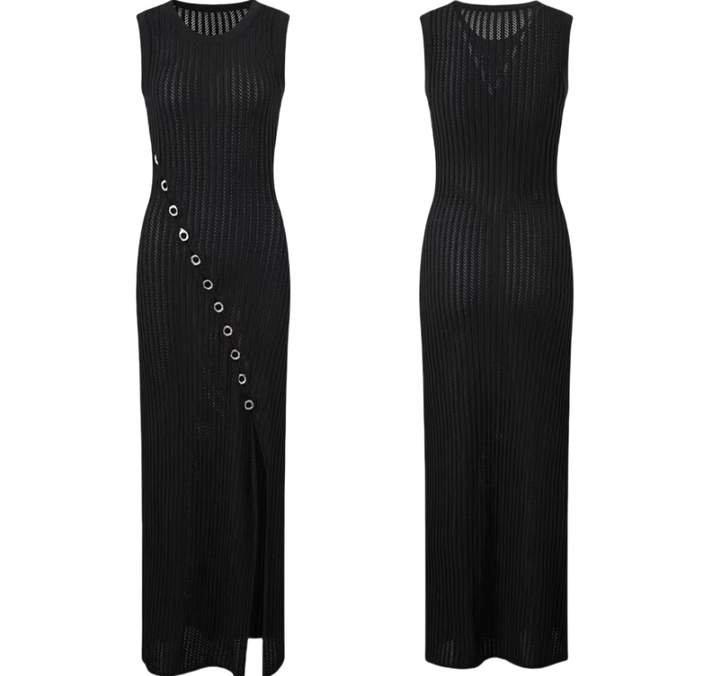 Knitted black long dress split sleeveless dress