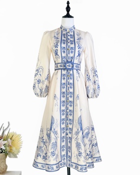 Cstand collar Casual long dress single-breasted belt