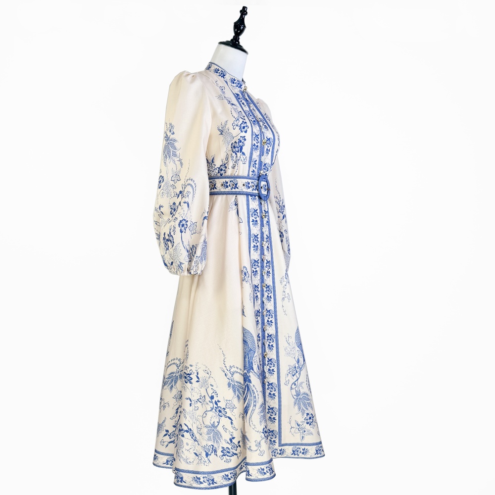 Cstand collar Casual long dress single-breasted belt