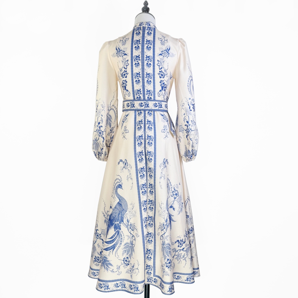 Cstand collar Casual long dress single-breasted belt
