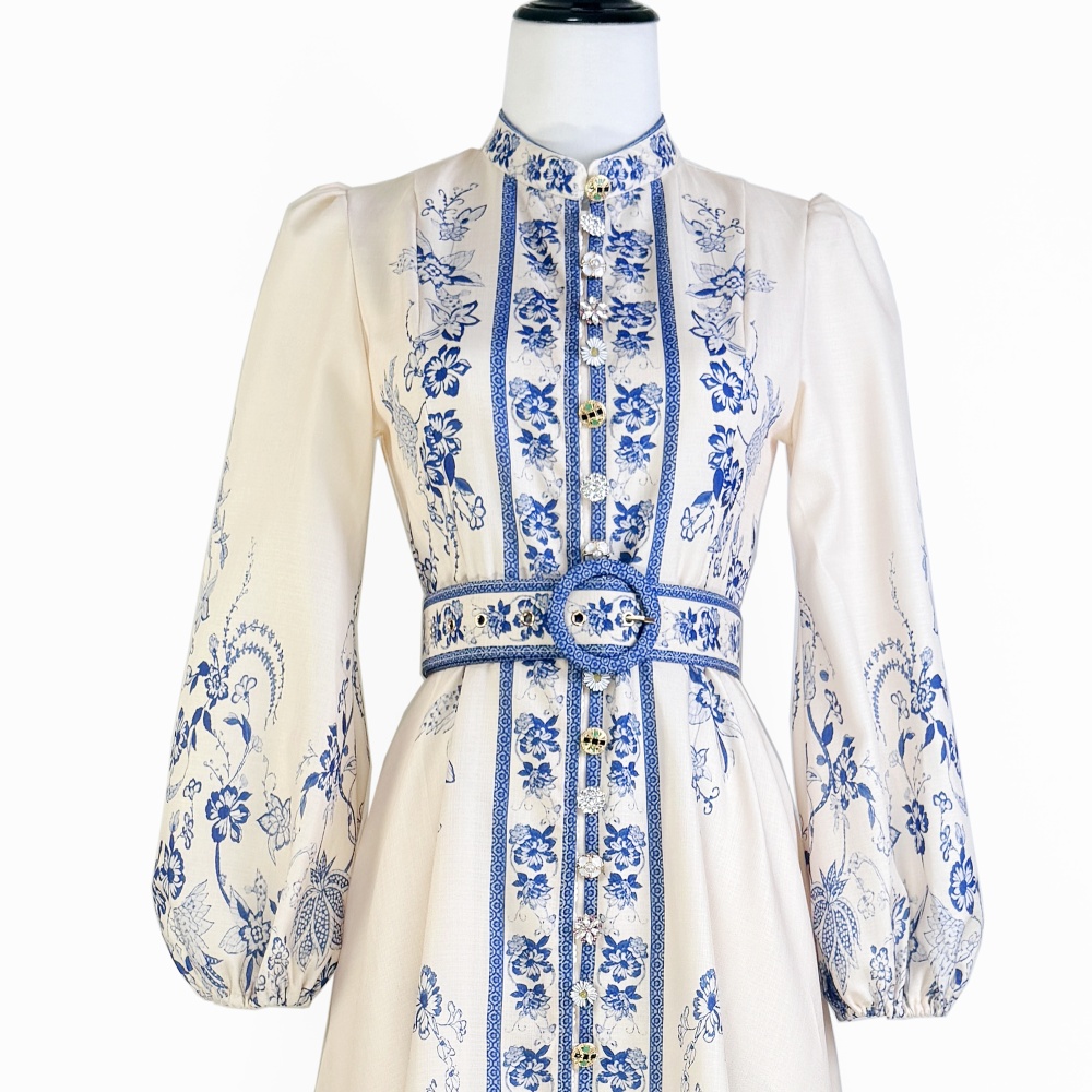 Cstand collar Casual long dress single-breasted belt