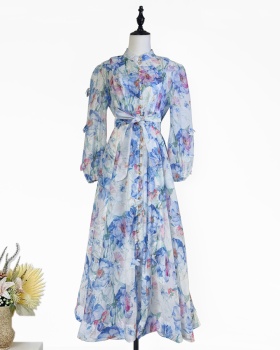 Autumn lantern sleeve flowers single-breasted dress
